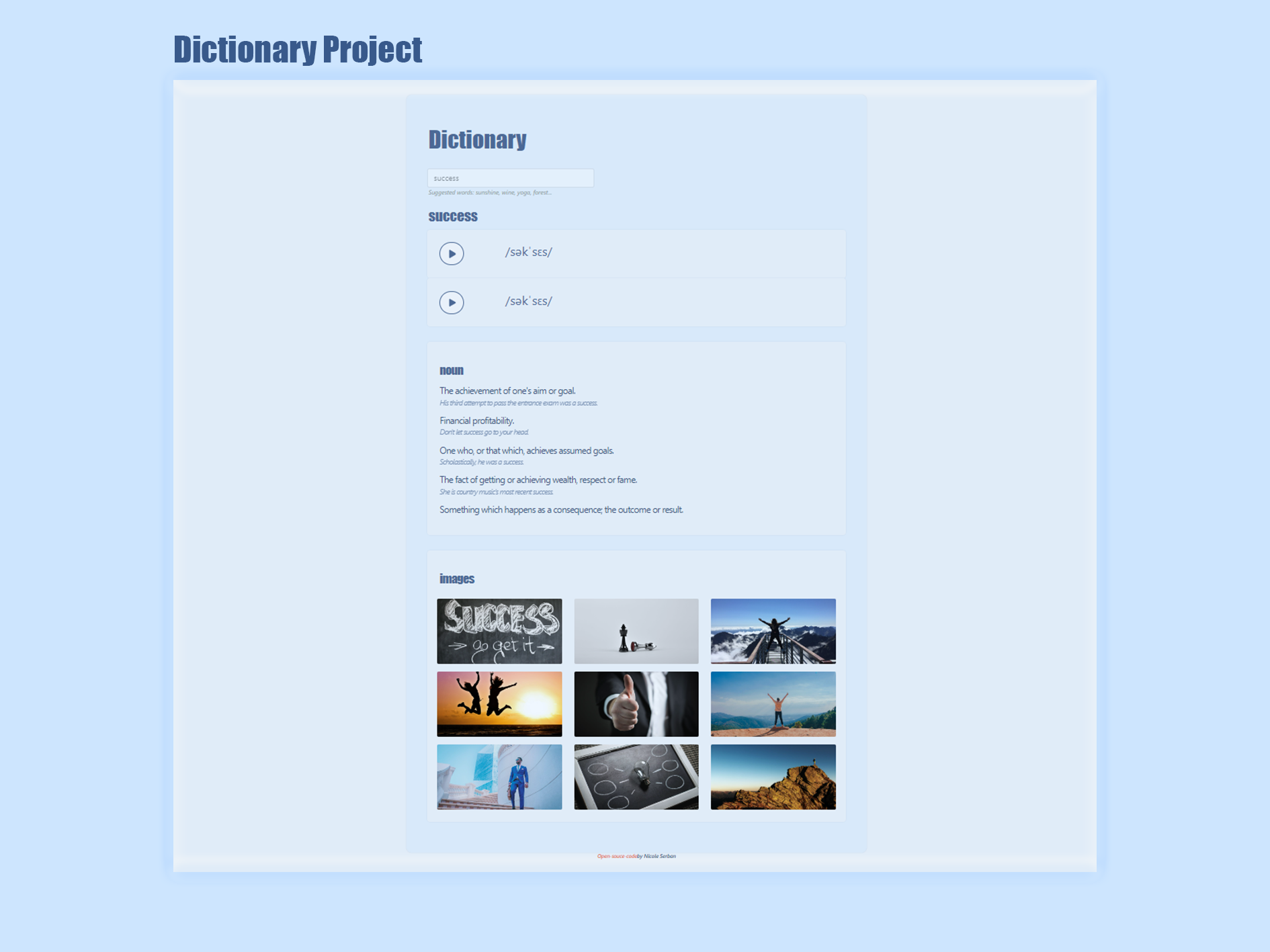 Image of a dictionary app I created during SheCodes workshops