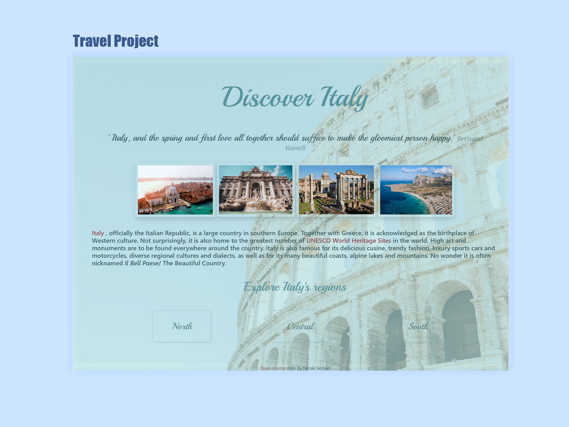 Webpage about traveling to Italy 