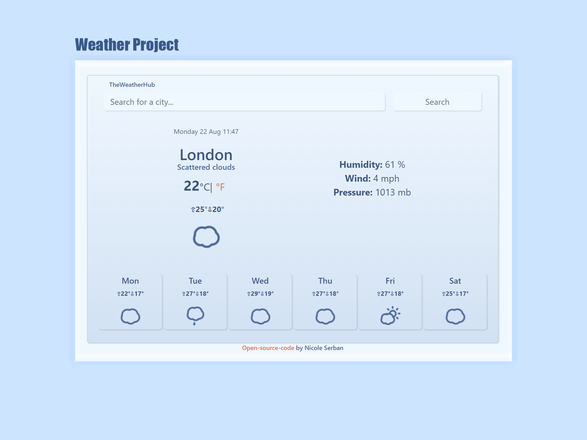 Image of the weather app I created during SheCodes workshops